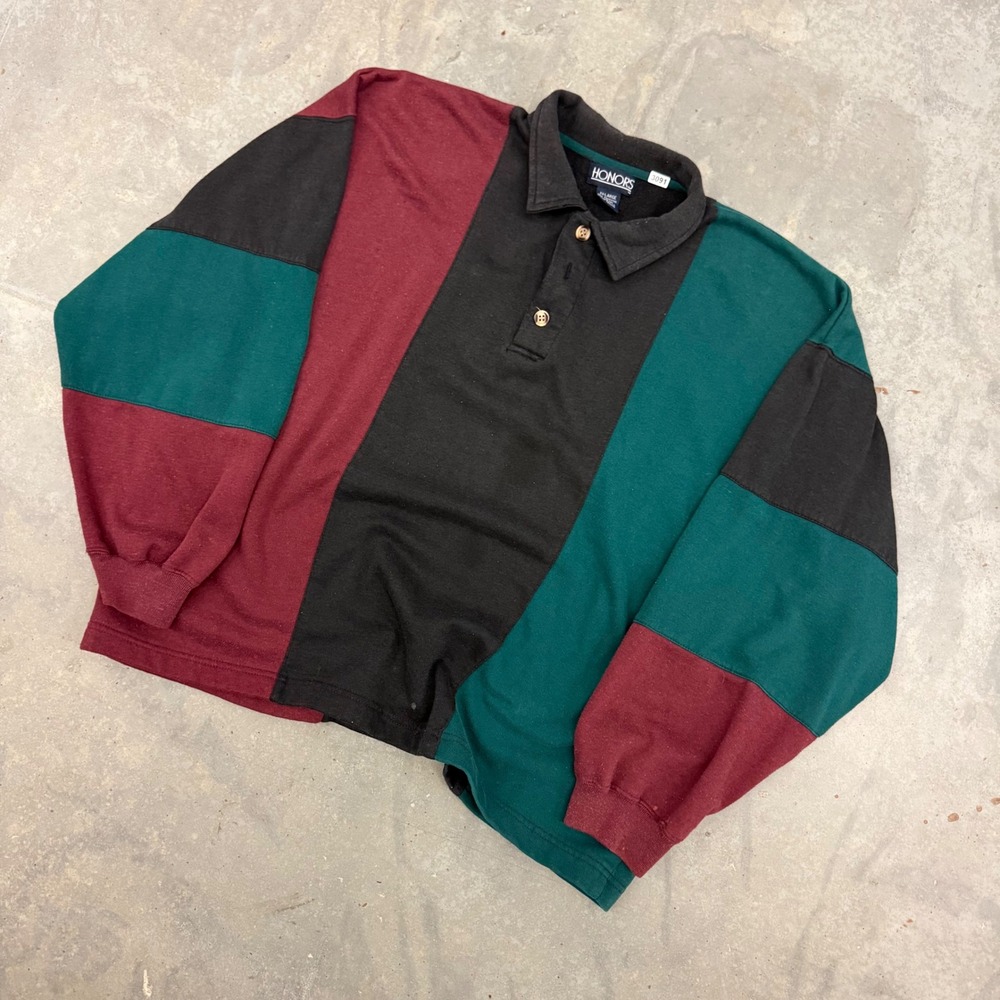 90s Mens Honors Colorblock Vertical Stripe Polo Sweatshirt XXL